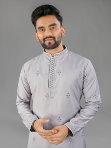Conjunto de Kurta Pathani Largo Bordado en Seda para Hombre, Color Gris Claro, Ropa Tradicional India y Pakistaní para Bodas, Fiestas y Diwali - Product Image 3