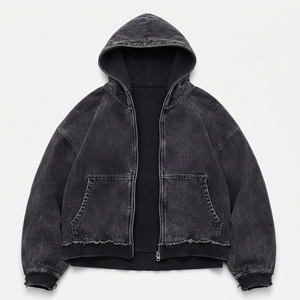 Blouson à capuche zippé en jean noir délavé pour homme, style streetwear oversize, sweat-shirt molletonné effet usé, vêtements personnalisés en gros - Product Image 4