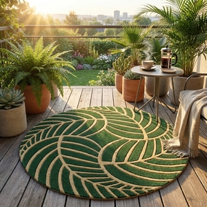 Alfombra Redonda con Patrón de Hojas Verdes, Estilo Bohemio, de Lana y Acrílico, de Pelo Alto, con Base Antideslizante de Goma, para Decoración de Dormitorio - Product Image 3