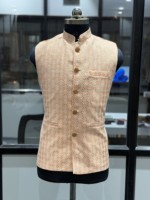 Gilet ethnique Nehru sans manches pour homme, style vintage, à triple boutonnage, en laine/soie, pour mariage et soirée, couleur pêche