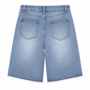 Short en jean taille haute pour femme, style Y2K, orné de strass et de perles de cristal, coupe Bermuda, ourlet brut, streetwear, en denim bleu déchiré - Product Image 3
