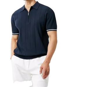 Polo d'été à demi-fermeture éclair pour homme T-shirt décontracté en tricot à manches courtes en soie de glace avec col roulé en toile à motif solide - Product Image 2