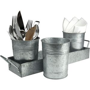 Organizador de cocina galvanizado estilo rústico al por mayor con asa de madera para servilletas, platos, cubiertos, utensilios y artículos de limpieza - Product Image 4