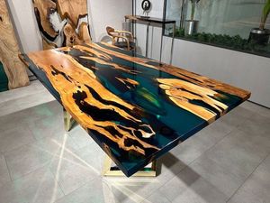 Table à manger rectangulaire moderne en bois massif et résine époxy, faite à la main, finition époxy durable, pour usage scolaire et en supermarché - Product Image 5