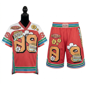 Custom 180 GSM polyester mesh <b>shorts</b> set navy orange contrast sleeve panels lightweight embroidered <b>patch</b> logo for <b>men's</b> set - Product Image 2