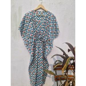 Women Cotton Printed <b>Kaftan</b> Dress Geometric Floral Pattern Loose Fit Maxi <b>Kaftan</b> Beach Wear <b>Summer</b> Lounge Wear - Product Image 1