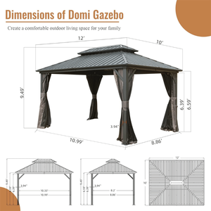Gazebo in Alluminio con Tetto Rigido 10' X 12', Tetto Doppio in Acciaio Zincato, Tenda e Rete, Pergola Permanente - Product Image 6