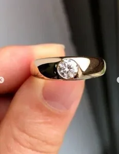 Round Cut Moissanite <b>Men</b>’s Classy Wedding <b>Ring</b> 14K Yellow Gold Plated Sterling <b>Silver</b> Band - Product Image 1
