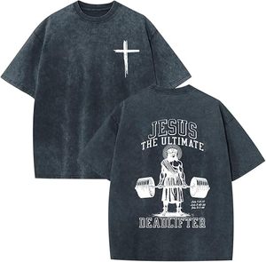 เสื้อยืดคอกลมแขนสั้นสีดำทรงปกติสำหรับผู้ชาย Jesus Ultimate Deadlifter พิมพ์ลายสกรีนอย่างดี เป็นมิตรกับสิ่งแวดล้อม - Product Image 1