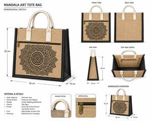 Bolsa de yute laminada personalizada con estampado de mandala, ecológica, reutilizable, con bolsillo con cremallera y asa de algodón, al por mayor. - Product Image 4