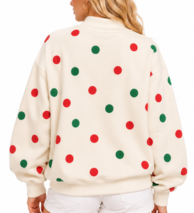 Sweat-shirt oversize à col montant pour femme, crème à pois, avec appliqué lettres « Green Joy », pull de Noël - Product Image 3