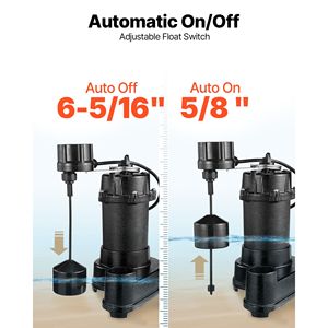 Bomba Sumergible de Hierro Fundido para Aguas Residuales/Efluentes de 1/3 HP y 3000 GPH con Interruptor de Flotador Automático, Salida NPT de 1.5 Pulgadas, Salida de 2 Pulgadas, Cable de 10m - Product Image 5