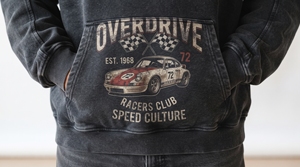 Sweat à capuche surdimensionné en tricot avec motif vintage de course automobile pour hommes - Mélange polyester/coton, style streetwear, service OEM/ODM - Product Image 5