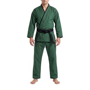 Ensemble d'uniformes de karaté vert forêt avec bordure noire et passepoil de revers, en toile durable, pour la pratique en studio - Product Image 1