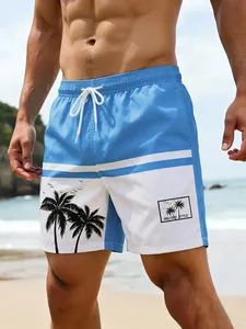 Pantalones Cortos de Playa para Hombre, Casuales, con Estampado de Palmeras Tropicales, con Cordón Ajustable, para Vacaciones, Rayas Azules y Blancas, Verano - Product Image 1
