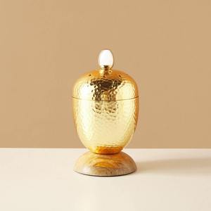 En gros, Ensemble de brûleur à bakhoor saoudien en métal doré martelé, base en bois de manguier, forme d'œuf, pour Majlis Oud Dakhoon - Product Image 2