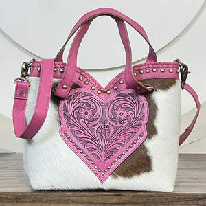 Sac fourre-tout tendance en cuir de vachette repoussé en forme de cœur rose pour femme, sac à main de luxe fait main avec poignée supérieure et bandoulière - Product Image 4