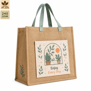 Natural Jute Grocery Shopping Tote Bag with Printed Cotton Pocket PP Laminated Custom Logo Wholesale OEM Manufacturer 36x32x15cm - Product Image 1