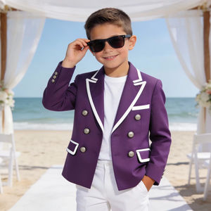 Costume de blazer double boutonnage violet pour garçons avec passepoil blanc |   Veste de cérémonie et de fête pour enfants - Product Image 1