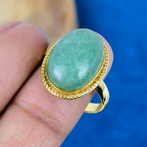 Bague en pierre précieuse aventurine verte naturelle de forme ovale, faite à la main, plaquée or 18 carats sur argent sterling 925 - Product Image 3