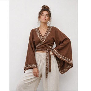 Top Corto Bohemio de Cáñamo y Algodón con Manga Campana, Ecológico, Cómodo y Sin Arrugas, Cuello en V, Top de Una Pieza para la Playa - Product Image 1