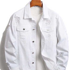 Chaqueta para hombre, al por mayor, unisex, de otoño, con cuello alto, de mezclilla premium blanca desgarrada - Product Image 6