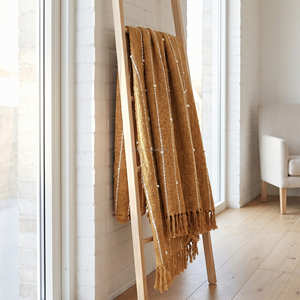 <b>Mustard</b> Gold Cotton Woven Throw with Warm Linear Texture and Fringe 125x150 cm for Boho Rustic Home Styling - Product Image 1