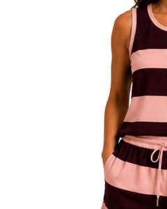 Conjunto de pijama de satén para mujer con rayas en color ciruela oscuro y rosa rubor, camiseta sin mangas con pantalones cortos de cintura elástica, conjunto de ropa de dormir de lujo - Product Image 2