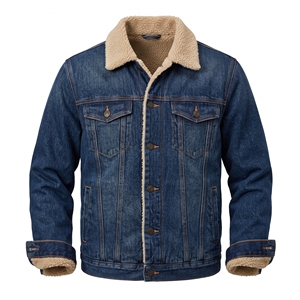 Blue <b>Denim</b> Sherpa Lined Jacket Men's Button Up Workwear <b>Coat</b> with Chest Pocket and Sleeve Cuffs - Product Image 1