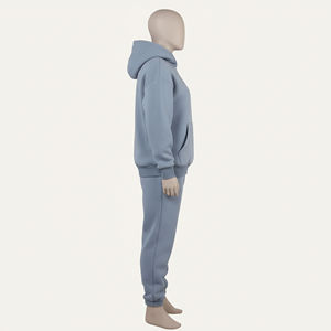 Survêtement unisexe bleu clair à capuche, couleur unie, 100% coton, sweat-shirt décontracté long avec poches latérales, taille élastique - Product Image 3