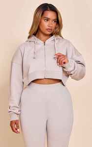 Sudadera corta con capucha para mujer, manga larga, con cremallera, color liso, de algodón y forro polar de bambú, para otoño - Product Image 5