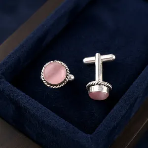 Designer Handmade Pink Cat's Eye Gemstone Cuff Links Set In 925 Sterling Silver Plated Jewellery Best For Wedding Gifting Favors - Product Image 1