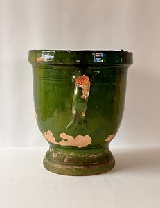 Jardinière antique française de Castelnaudary du XIXe siècle, pot en terre cuite vert émaillé, décoration rustique vintage pour la maison, vase - Product Image 2