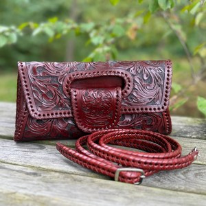 Handmade <b>Tooled</b> Genuine Leather Clutch Bag for Women | Western Floral Embossed Evening Handbag with Handle - Product Image 4