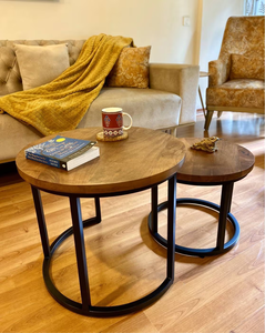 Modern Wooden Top <b>Nesting</b> <b>Coffee</b> <b>Table</b> Set of 2 with Black Metal Frame for Living Room Furniture - Product Image 6