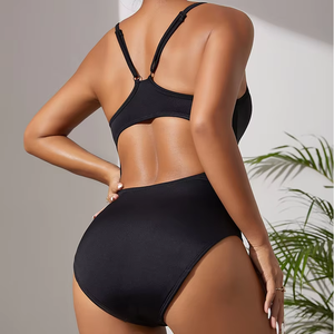 Maillot de bain une pièce noir pour femme, dos croisé, découpes, taille haute, extensible et sans coutures - Product Image 4