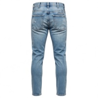 Celana Jeans Denim Biru Muda Pria Pinggang Tinggi Potongan Lurus Stonewashed Kasual Katun Berat Sedang Kancing Depan Gaya Musim Semi