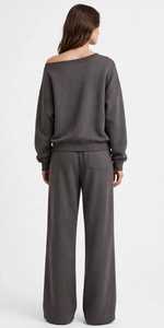 Women Casual Solid Grey <b>2</b> <b>Piece</b> Lounge <b>Set</b> Off Shoulder Sweatshirt <b>and</b> Wide Leg Pants - Product Image 3