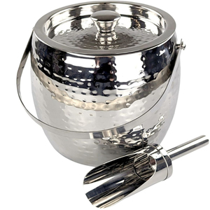 Seau à glace isotherme haut de gamme en acier inoxydable martelé à double paroi avec couvercle et pelle, refroidisseur de vin et de champagne pour fêtes - Product Image 1
