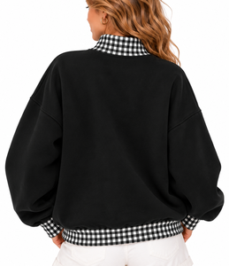 Sudadera de cuello simulado personalizada para mujer al por mayor, con letras de guinga, de algodón polar, con ribetes, estilo oversize, para invierno, ropa urbana - Product Image 3
