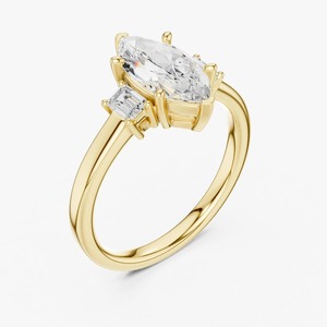 Anillo de compromiso de oro amarillo de 9K al por mayor con diamante de laboratorio de corte marquesa de 1.50 quilates y tres piedras con piedras laterales de baguette - Product Image 6