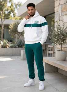 ONETEN APPARELS <b>Men's</b> <b>White</b> Green Color Block Hoodie <b>Jogger</b> Set Casual Tracksuit Full Sleeve Drawstring Pants Sweatshirt Ath - Product Image 4