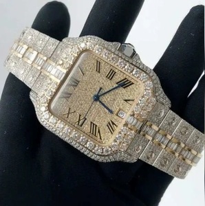 Montre automatique de luxe pour homme, style Hip Hop, avec cadran carré bicolore en or, chiffres romains, entièrement sertie de pierres, bracelet à maillons baguette, bijou haut de gamme - Product Image 3