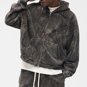OEM Wholesale <b>Men's</b> Oversized <b>Zip</b>-<b>Up</b> Hoodie Tie-Dye Cotton French Terry Hooded Sweatshirt Solid Color Breathable Winter Clothing - Product Image 2