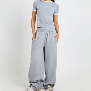 Factory Made Loose Fit Women's Gray Two-Piece Sporty <b>Set</b> Short Sleeve Crop Top With Wide Leg Pants Summer Breathable <b>Knitted</b> <b>Set</b> - Product Image 4