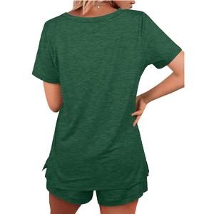 Conjunto de Dos Piezas de Punto para Mujer, Cuello en V, Manga Corta, Color Verde, Corte Holgado, Estilo Casual para Primavera/Verano - Product Image 3