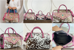 Premium Quality <b>Large</b> Tooled Leather Cowhide Speedy Bag Floral Carved with Turquoise <b>Stone</b> Cowgirl Travel Duffel Overnight Bags - Product Image 3