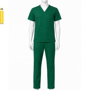 Ensemble de blouses médicales pour hommes SAMAVIA, col en V, manches courtes, vert, coton et polyester tissé, uniformes d'hôpital, fabrication OEM, vente en gros - Product Image 1