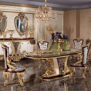 Luxury Classic European Design <b>Dining</b> Room Set Solid Mahogany Wood Gloss <b>Top</b> <b>Dining</b> <b>Table</b> Upholstered Chair Antique Gold Hotel - Product Image 1
