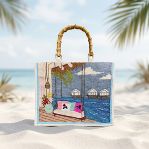 Handmade Custom Beaded Open Top Summer <b>Beach</b> Tote Bag with Cotton Lining - Product Image 4
